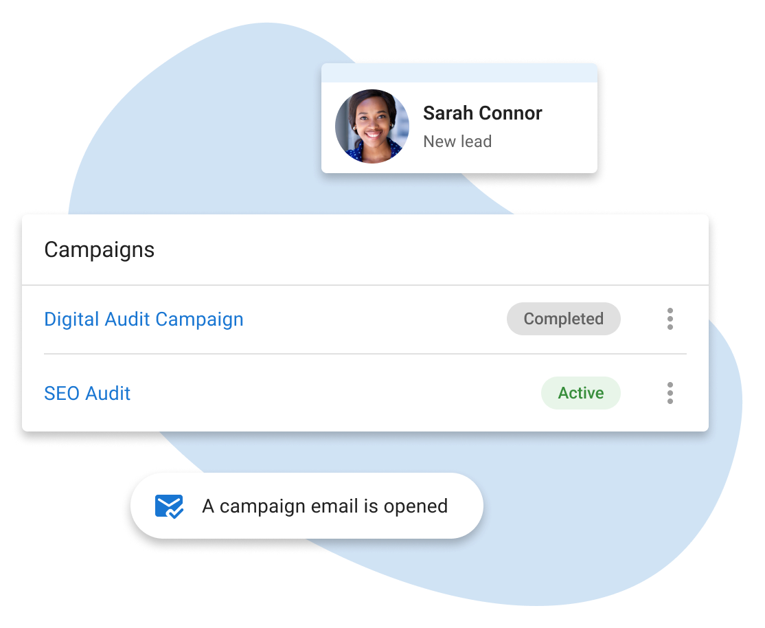Deliver Strategic Sales Insights with Analytics feature demonstration showing email campaign management and analytics